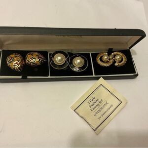 Vintage Pearl and Enamel Fashion Earring Set - Gold Tone, Multi 3 pair